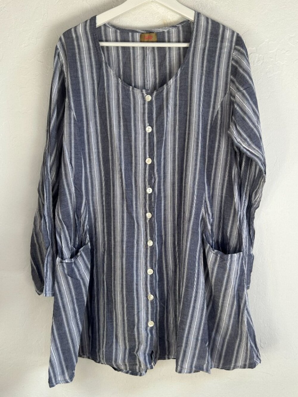 Tulip Womens Gray Striped Button-Front Tunic Top Medium Long Sleeve Pockets